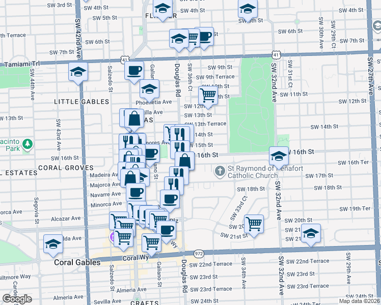 map of restaurants, bars, coffee shops, grocery stores, and more near 3681 Southwest 15th Street in Miami