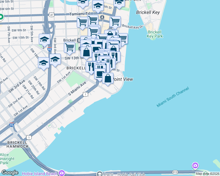 map of restaurants, bars, coffee shops, grocery stores, and more near 1450 Brickell Bay Drive in Miami