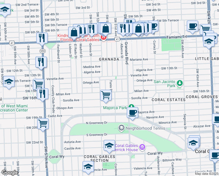 map of restaurants, bars, coffee shops, grocery stores, and more near 1502 Tunis Street in Coral Gables