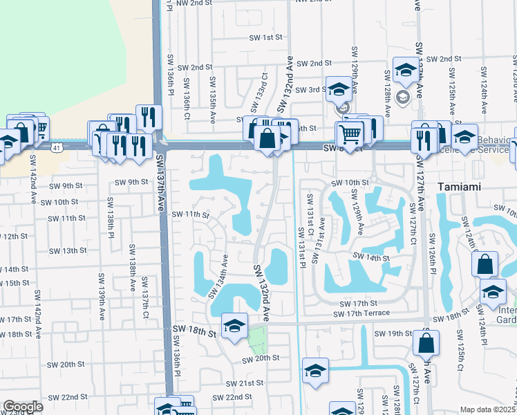 map of restaurants, bars, coffee shops, grocery stores, and more near 13215 Southwest 10th Terrace in Miami
