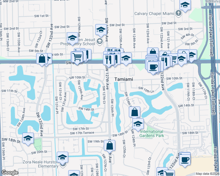 map of restaurants, bars, coffee shops, grocery stores, and more near 12631 Southwest 10th Terrace in Miami