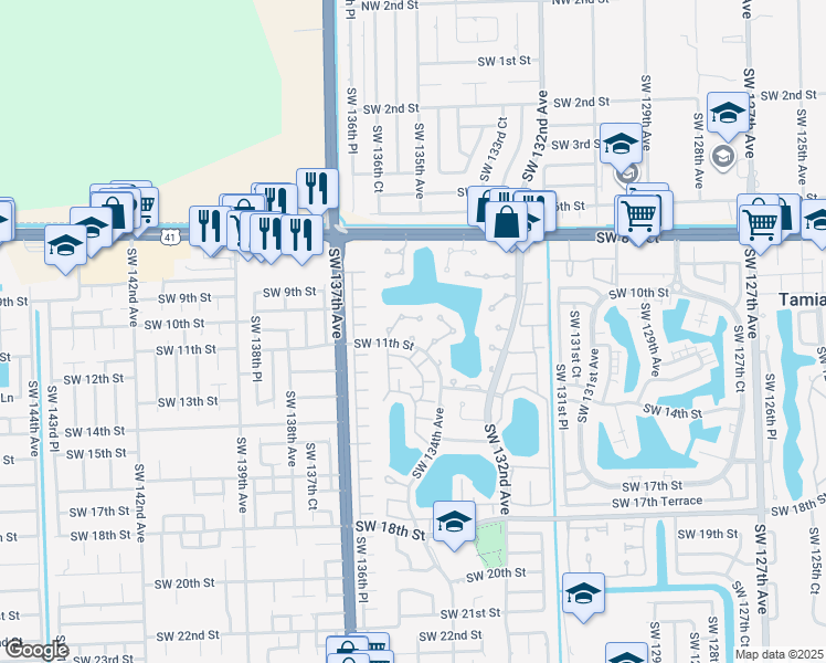 map of restaurants, bars, coffee shops, grocery stores, and more near 1091 Southwest 135th Court in Miami