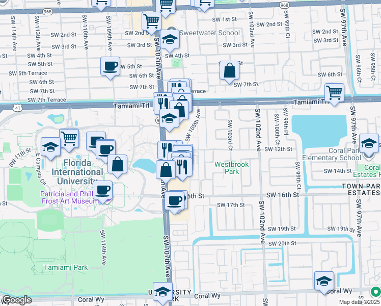map of restaurants, bars, coffee shops, grocery stores, and more near 10490 Southwest 12th Terrace in Miami
