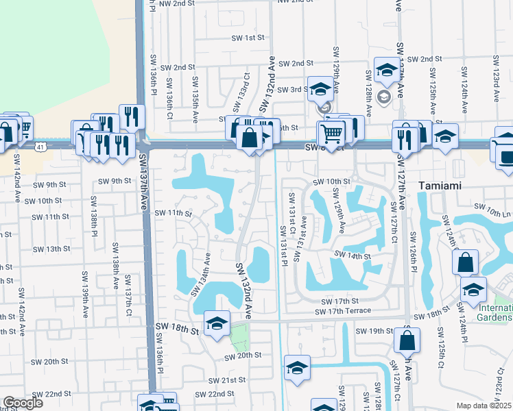 map of restaurants, bars, coffee shops, grocery stores, and more near 13215 Southwest 10th Terrace in Miami