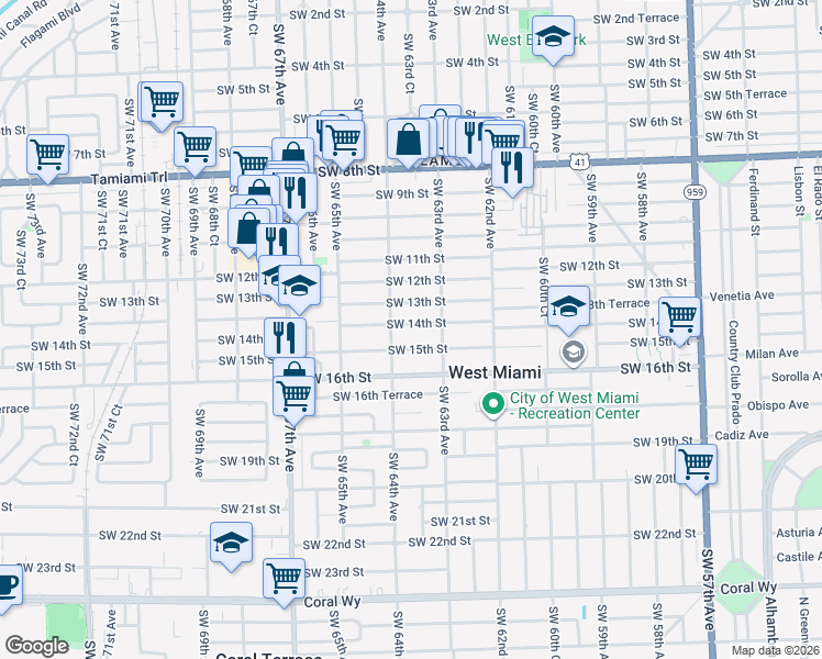 map of restaurants, bars, coffee shops, grocery stores, and more near 1351 Southwest 64th Avenue in West Miami