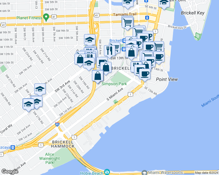 map of restaurants, bars, coffee shops, grocery stores, and more near 51 Southwest 18th Road in Miami