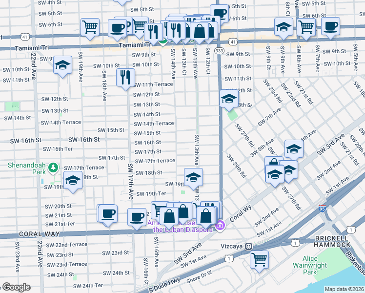 map of restaurants, bars, coffee shops, grocery stores, and more near 1327 Southwest 16th Street in Miami