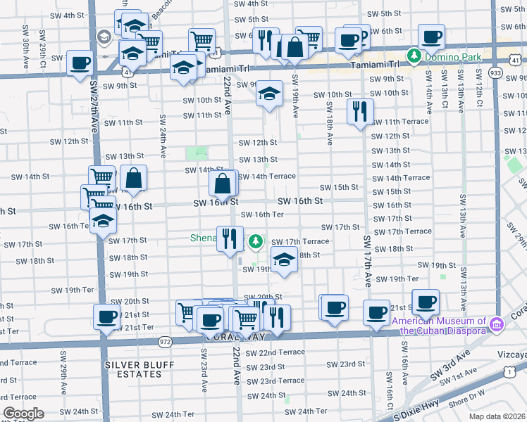 map of restaurants, bars, coffee shops, grocery stores, and more near 2126 Southwest 16th Street in Miami