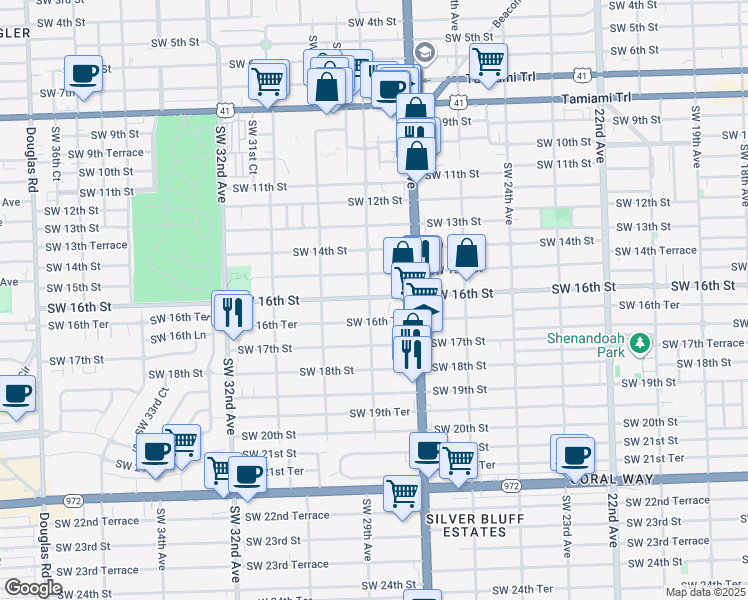 map of restaurants, bars, coffee shops, grocery stores, and more near 2901 Southwest 16th Street in Miami