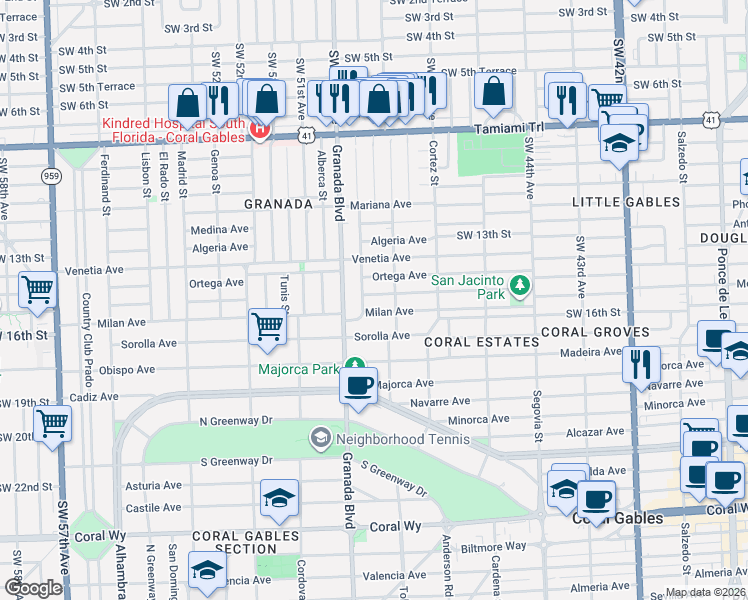 map of restaurants, bars, coffee shops, grocery stores, and more near 921 Messina Avenue in Coral Gables