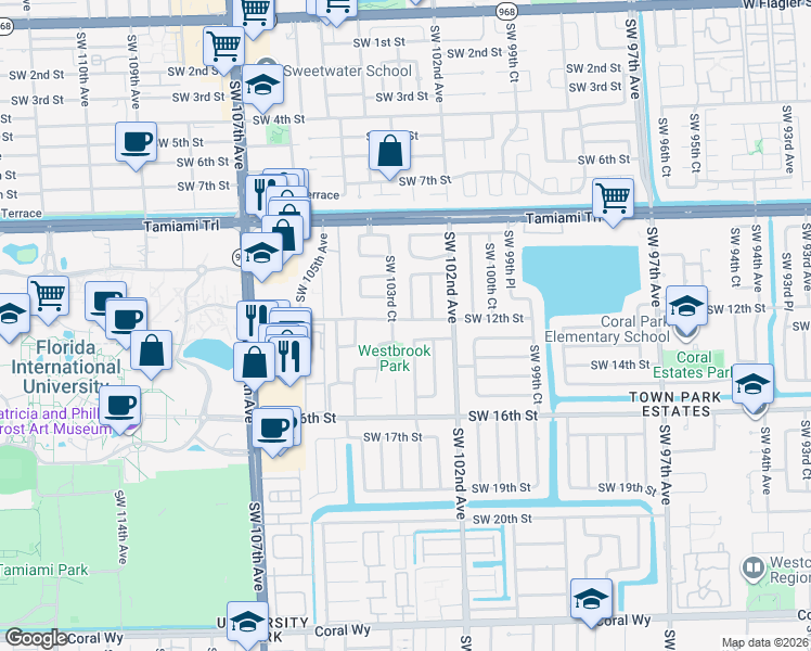 map of restaurants, bars, coffee shops, grocery stores, and more near 1171 Southwest 103rd Court in Miami
