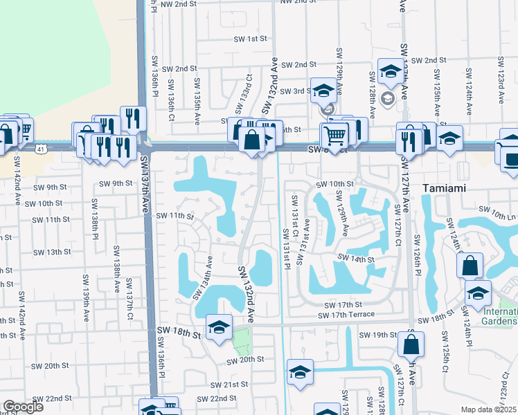 map of restaurants, bars, coffee shops, grocery stores, and more near 13215 Southwest 10th Terrace in Miami