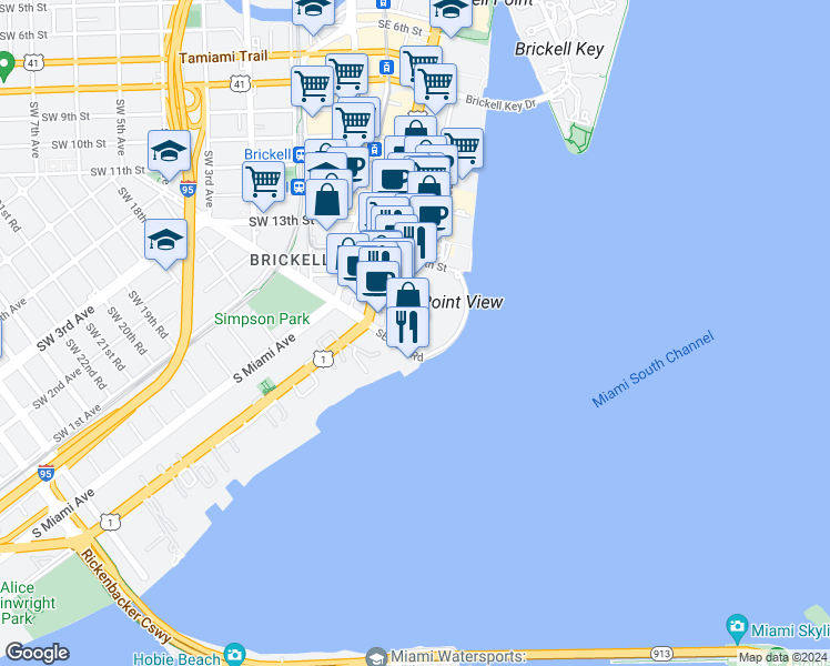 map of restaurants, bars, coffee shops, grocery stores, and more near 1450 Brickell Bay Drive in Miami