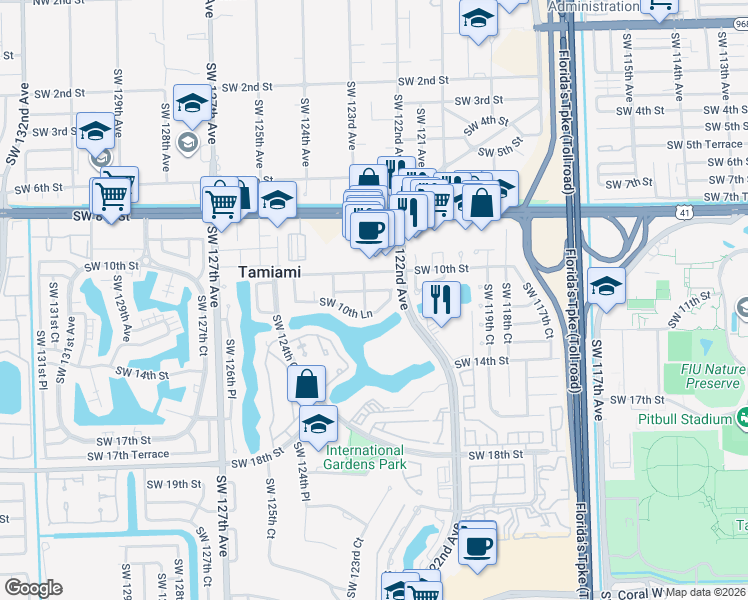 map of restaurants, bars, coffee shops, grocery stores, and more near 1051 Southwest 122nd Place in Miami