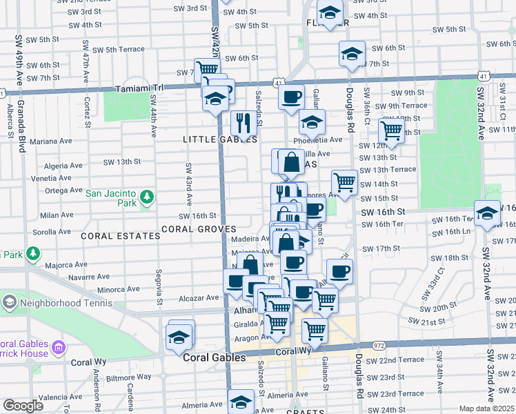 map of restaurants, bars, coffee shops, grocery stores, and more near 1503 Salzedo Street in Coral Gables