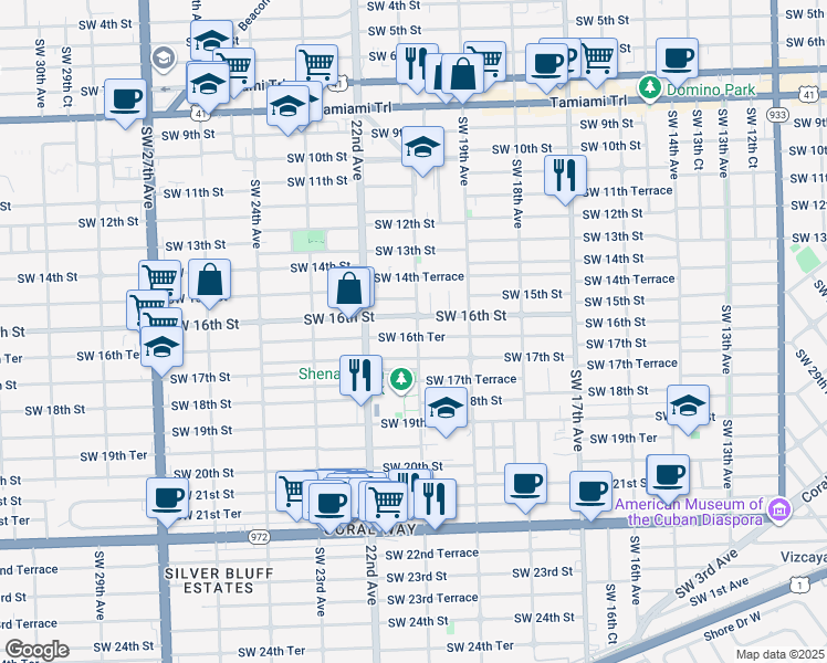 map of restaurants, bars, coffee shops, grocery stores, and more near 2126 Southwest 16th Street in Miami