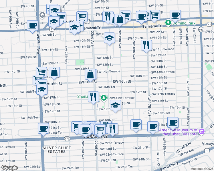 map of restaurants, bars, coffee shops, grocery stores, and more near 2126 Southwest 16th Street in Miami