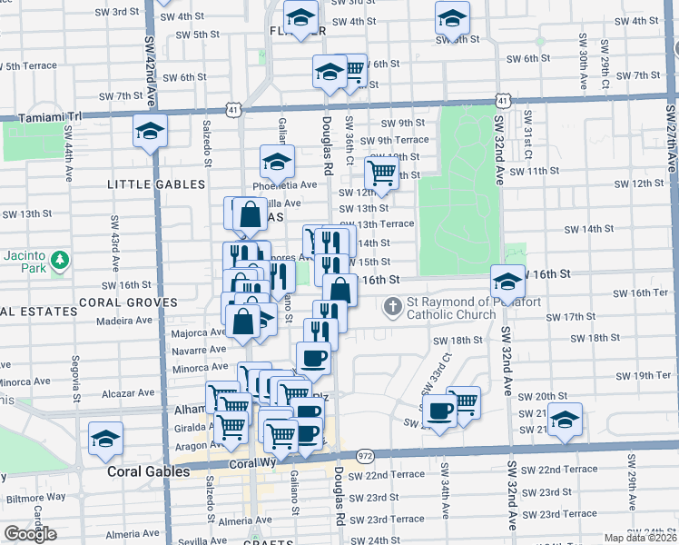 map of restaurants, bars, coffee shops, grocery stores, and more near 1501 Southwest 37th Avenue in Miami