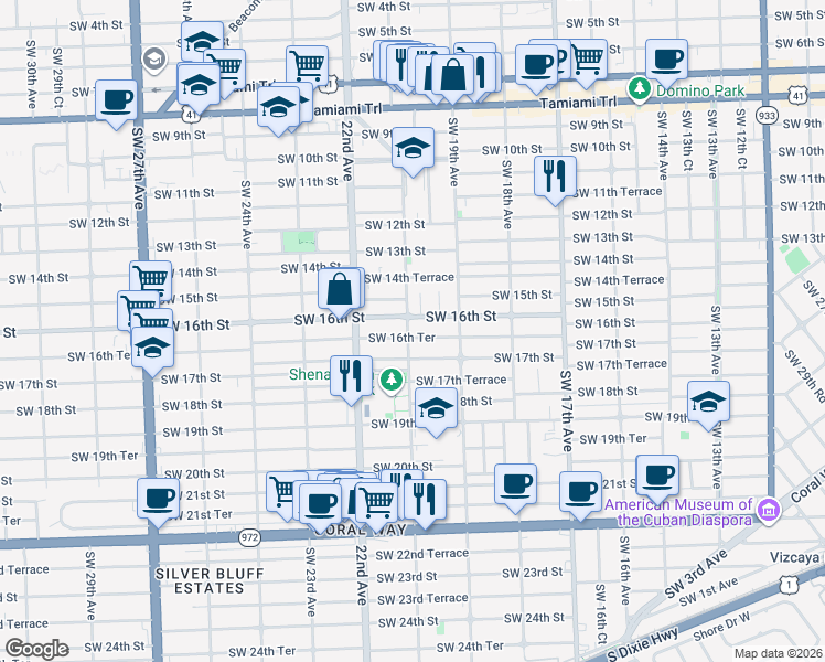 map of restaurants, bars, coffee shops, grocery stores, and more near 1950 Southwest 16th Street in Miami
