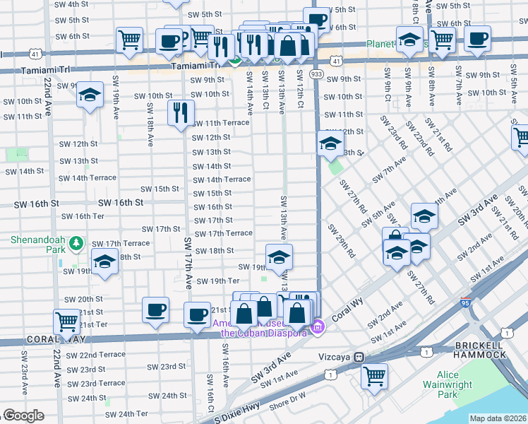 map of restaurants, bars, coffee shops, grocery stores, and more near 1327 Southwest 16th Street in Miami