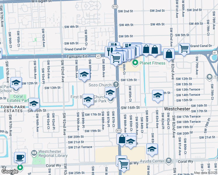 map of restaurants, bars, coffee shops, grocery stores, and more near 8746 Southwest 12th Street in Miami
