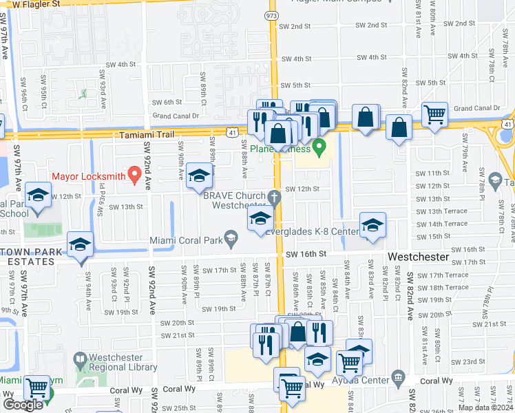 map of restaurants, bars, coffee shops, grocery stores, and more near 8746 Southwest 12th Street in Miami