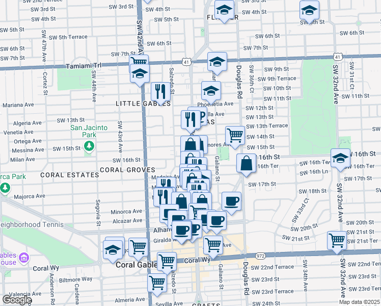 map of restaurants, bars, coffee shops, grocery stores, and more near 1500 Ponce de Leon in Coral Gables