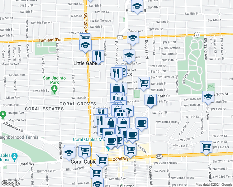 map of restaurants, bars, coffee shops, grocery stores, and more near 1500 Ponce de Leon in Coral Gables