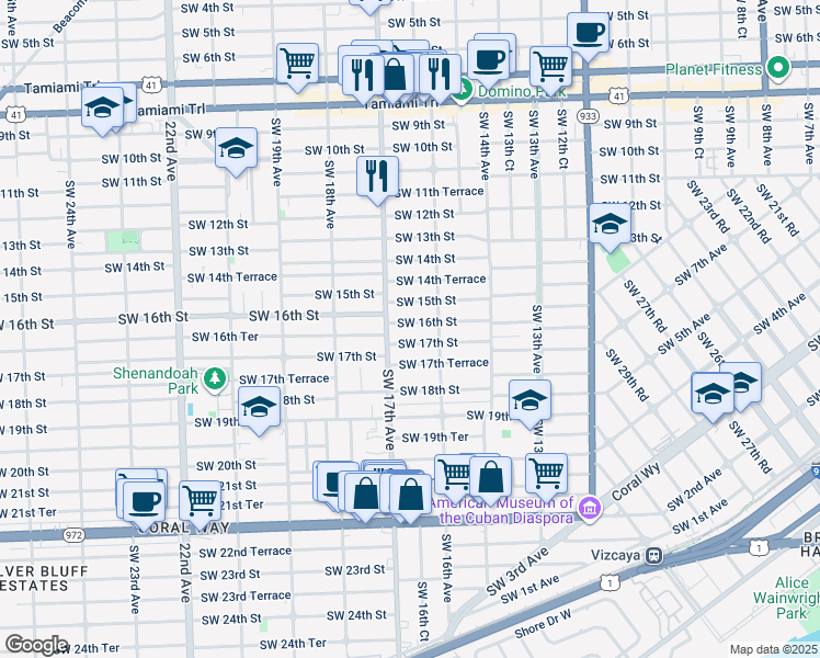 map of restaurants, bars, coffee shops, grocery stores, and more near 1661 Southwest 16th Street in Miami