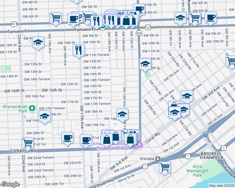 map of restaurants, bars, coffee shops, grocery stores, and more near 1327 Southwest 16th Street in Miami