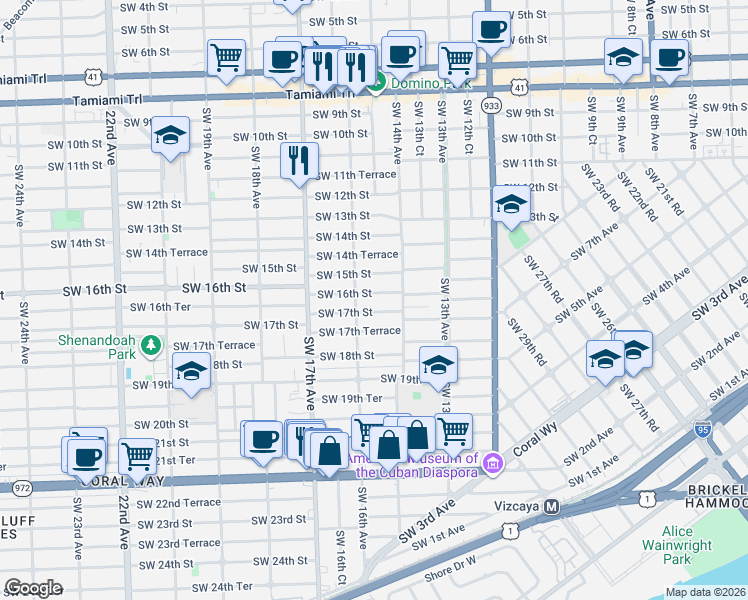 map of restaurants, bars, coffee shops, grocery stores, and more near 1548 Southwest 16th Street in Miami