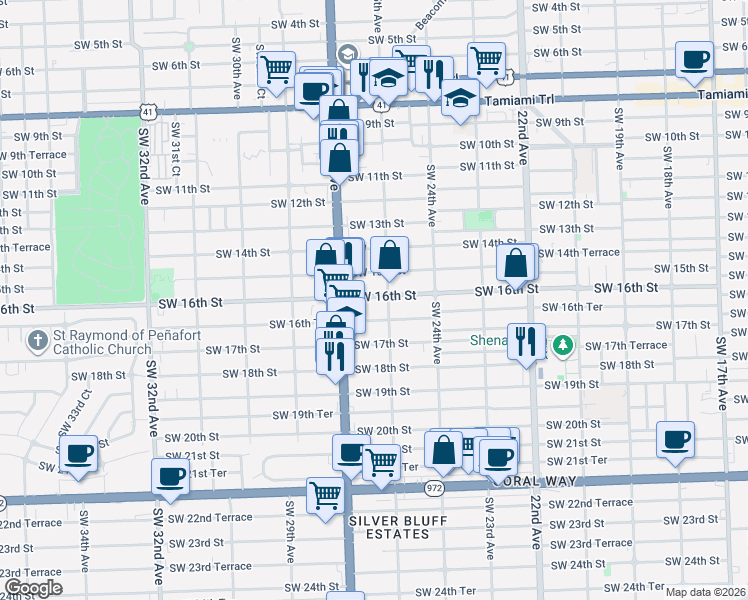 map of restaurants, bars, coffee shops, grocery stores, and more near 1598 Southwest 25th Avenue in Miami