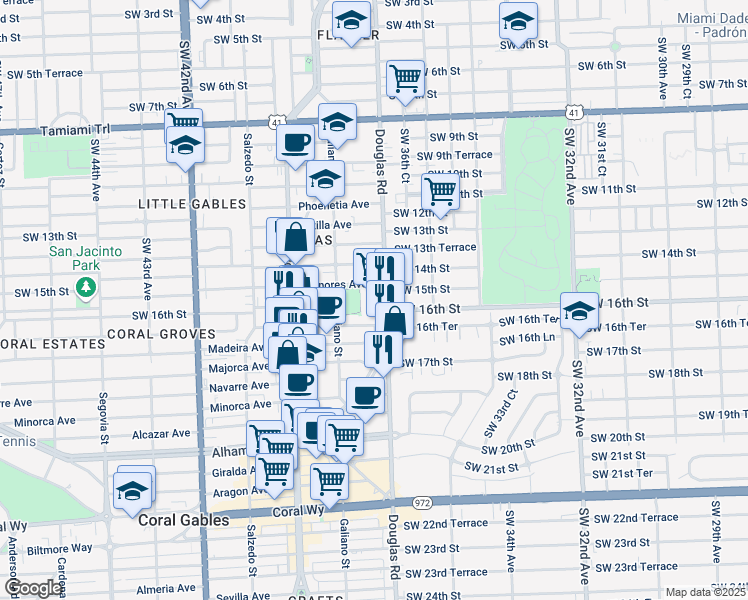 map of restaurants, bars, coffee shops, grocery stores, and more near 1500 Douglas Road in Coral Gables