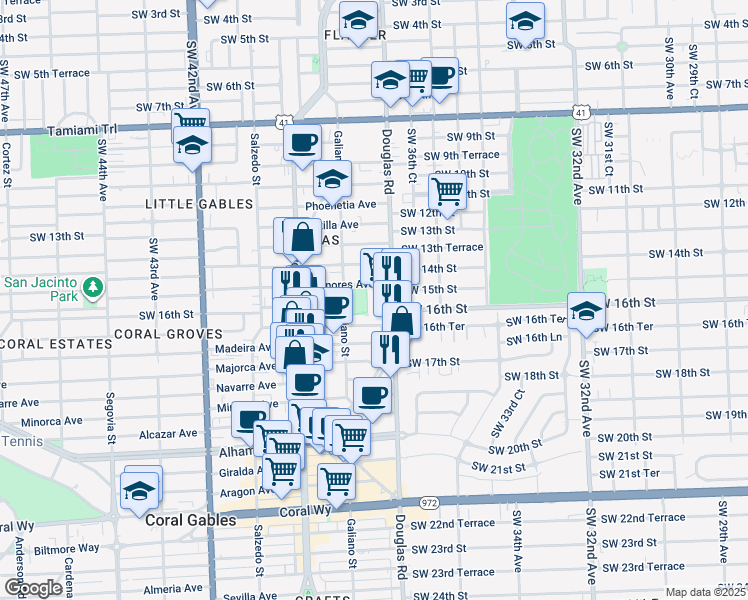 map of restaurants, bars, coffee shops, grocery stores, and more near 1500 Douglas Road in Coral Gables