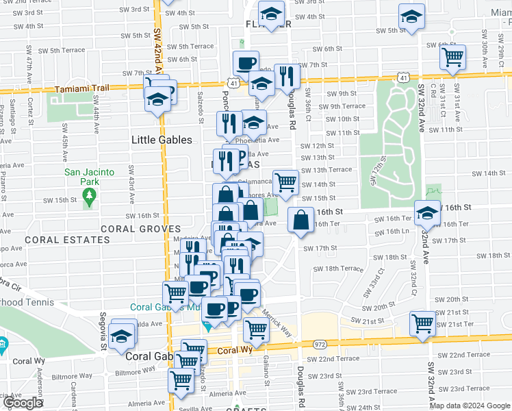 map of restaurants, bars, coffee shops, grocery stores, and more near 114 Menores Avenue in Coral Gables