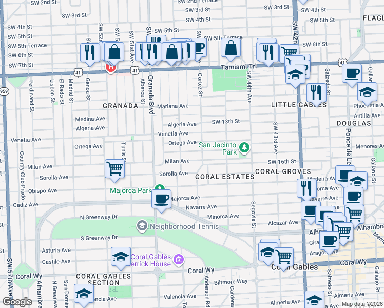 map of restaurants, bars, coffee shops, grocery stores, and more near 825 Messina Avenue in Coral Gables
