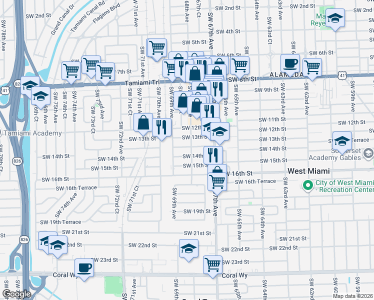 map of restaurants, bars, coffee shops, grocery stores, and more near 6791 Southwest 13th Terrace in Miami