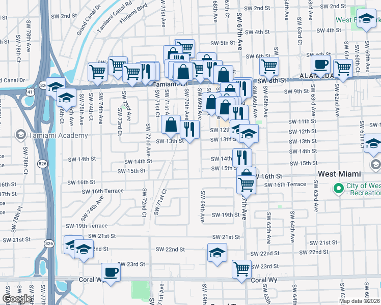 map of restaurants, bars, coffee shops, grocery stores, and more near 1330 Southwest 70th Avenue in Miami