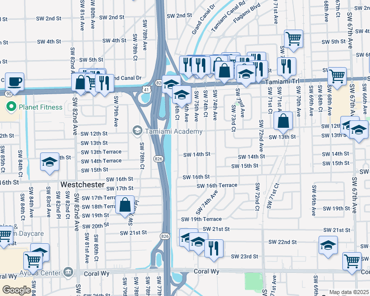 map of restaurants, bars, coffee shops, grocery stores, and more near 1241 Southwest 76th Court in Miami