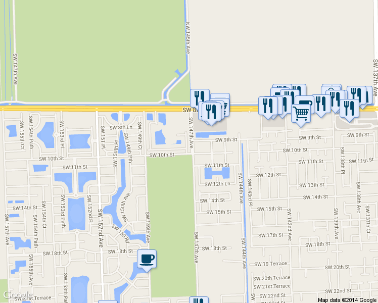 map of restaurants, bars, coffee shops, grocery stores, and more near 969 Southwest 147th Court in Miami