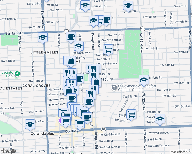 map of restaurants, bars, coffee shops, grocery stores, and more near 3681 Southwest 15th Street in Miami