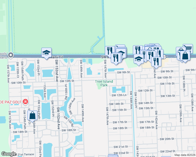 map of restaurants, bars, coffee shops, grocery stores, and more near 14773 Southwest 9th Lane in Miami