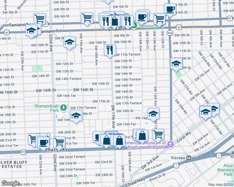 map of restaurants, bars, coffee shops, grocery stores, and more near 1661 Southwest 16th Street in Miami