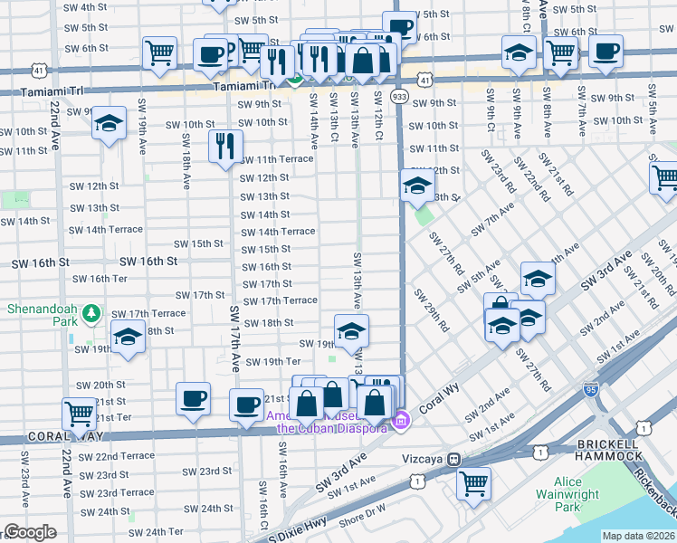map of restaurants, bars, coffee shops, grocery stores, and more near 1327 Southwest 16th Street in Miami