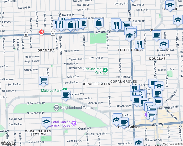 map of restaurants, bars, coffee shops, grocery stores, and more near 4540 Southwest 15th Street in Miami