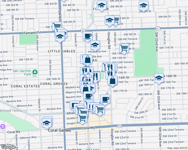 map of restaurants, bars, coffee shops, grocery stores, and more near 115 Mendoza Avenue in Coral Gables