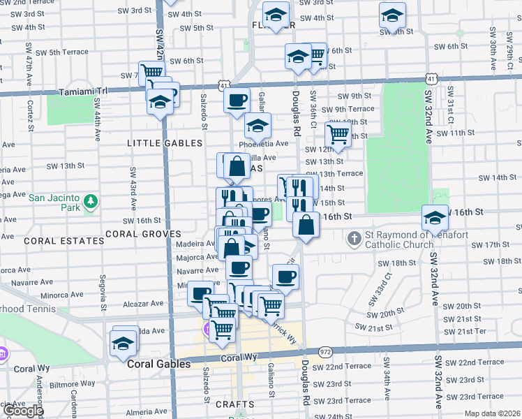 map of restaurants, bars, coffee shops, grocery stores, and more near 114 Menores Avenue in Coral Gables