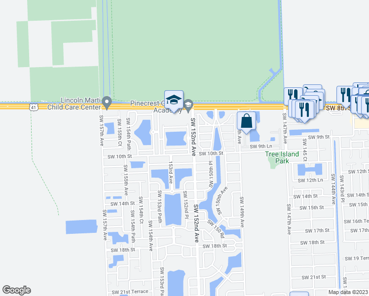 map of restaurants, bars, coffee shops, grocery stores, and more near 15247 Southwest 9th Way in Miami