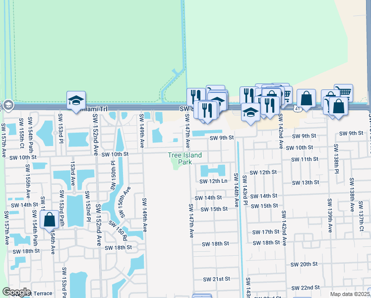 map of restaurants, bars, coffee shops, grocery stores, and more near 969 Southwest 147th Court in Miami
