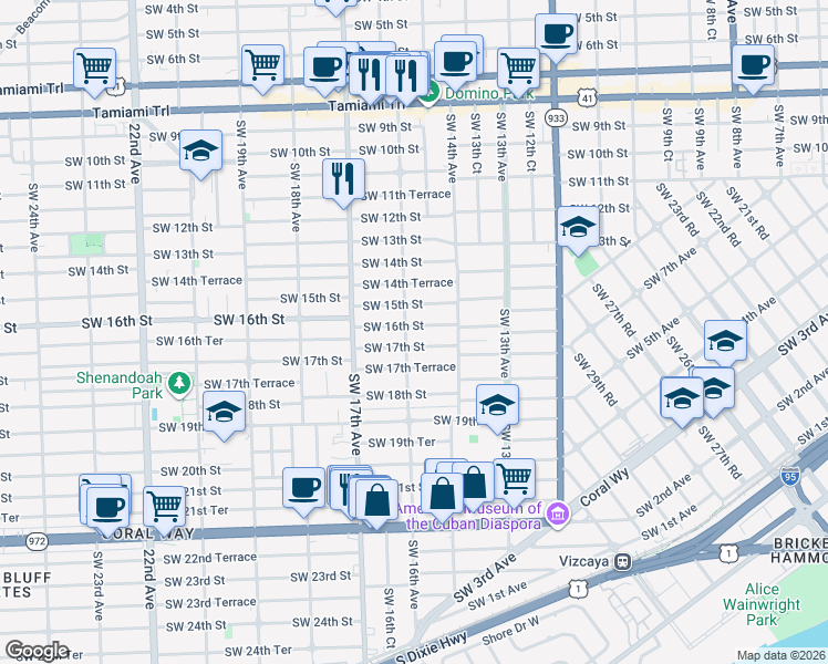 map of restaurants, bars, coffee shops, grocery stores, and more near 1548 Southwest 16th Street in Miami